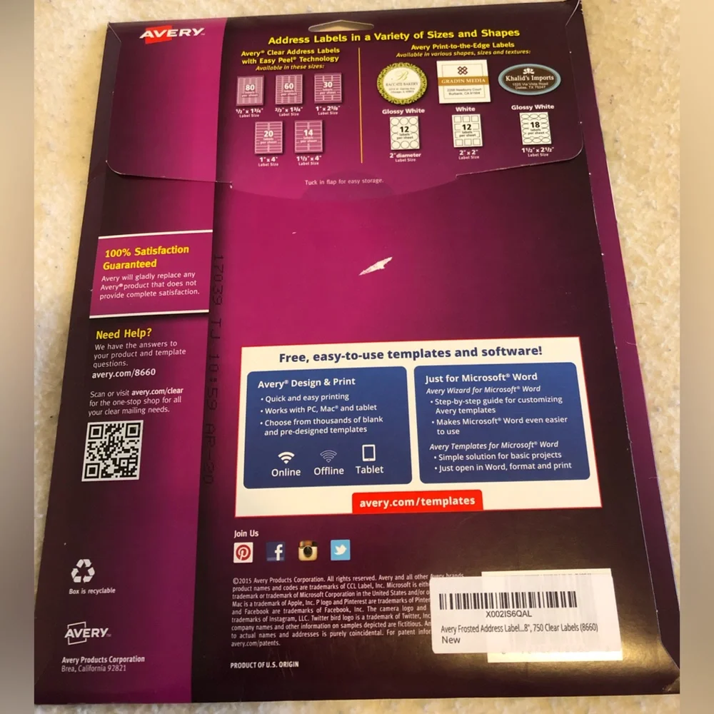 Avery 8660 Easy Peel Address Labels Inkjet 1x2-5/8” Clear Open Box 23of25Sheets